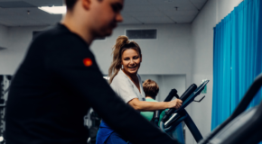 People working out at a gym.